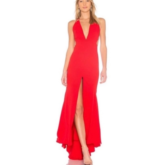 Fame and Partners red cut out deep V-neck strappy gown - Picture 1 of 7